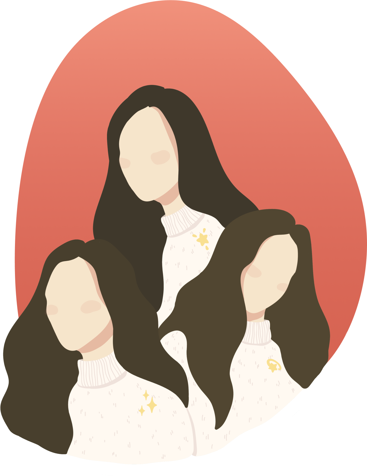 Pictured is an illustration of three abstract portraits of a girl with dark brown hair clustered around each other.